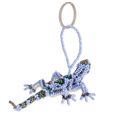 Glass beaded keychain, 'The Wizard Lizard' - Handcrafted Glass Beaded Lizard Keychain in Blue Hues