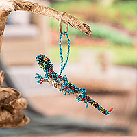 Glass beaded keychain, 'The Dreamy Lizard' - Handcrafted Glass Beaded Lizard Keychain in Turquoise Hues