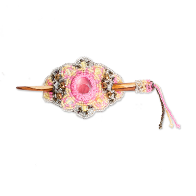Glass beaded hairpin, 'Eden's Pink Beauty' - Handcrafted Pink and Yellow Glass Beaded Hairpin
