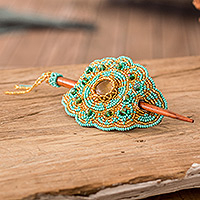 Glass beaded hair pin, 'Paradise Lady in Turquoise' - Handcrafted Floral Turquoise and Golden Glass Beaded Hairpin
