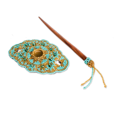 Glass beaded hair pin, 'Paradise Lady in Turquoise' - Handcrafted Floral Turquoise and Golden Glass Beaded Hairpin