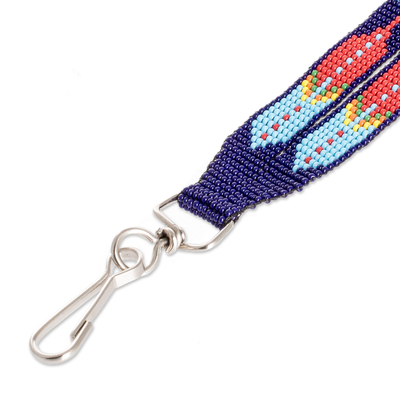 Glass beaded keychain, 'Key to Enchantment' - Handcrafted Geometric Glass Beaded Keychain in Blue