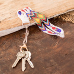 Glass beaded keychain, 'Key to Elegance' - Handcrafted Geometric Glass Beaded Keychain in White