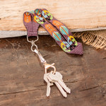 Glass beaded keychain, 'Key to Dreams' - Handcrafted Geometric Glass Beaded Keychain in Purple