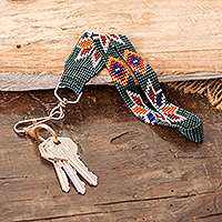 Glasperlen-Schlüsselanhänger, „Schlüssel zum Frühling“ – handgefertigter Blumen-Glasperlen-Schlüsselanhänger in Dunkelgrün
