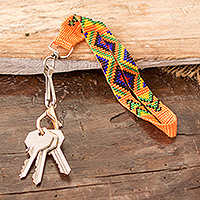 Glass beaded keychain, 'Key to the Jungle' - Handcrafted Geometric Glass Beaded Keychain in Orange