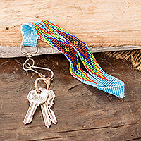 Glasperlen-Schlüsselanhänger, „Schlüssel zu Eden“ – handgefertigter geometrischer Glasperlen-Schlüsselanhänger in leuchtendem Blau