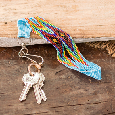 Glass beaded keychain, 'Key to Eden' - Handcrafted Geometric Glass Beaded Keychain in Bright Blue
