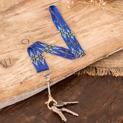 Beaded neck lanyard keychain holder, 'Handy and Stylish' - Guatemalan Hand-Beaded Blue Neck Lanyard Keychain Holder