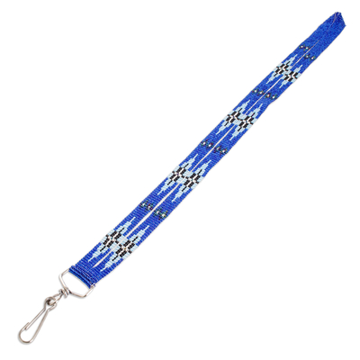 Beaded neck lanyard keychain holder, 'Handy and Stylish' - Guatemalan Hand-Beaded Blue Neck Lanyard Keychain Holder
