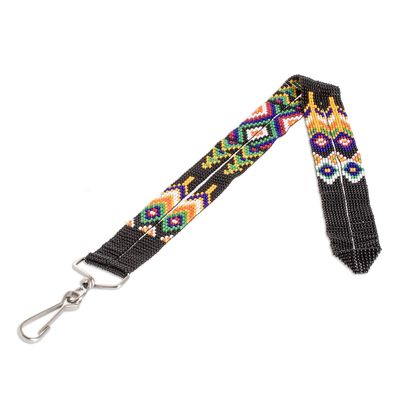 Beaded neck lanyard keychain holder, 'Handy and Sleek' - Handcrafted Beaded Neck Lanyard Keychain Holder in Black