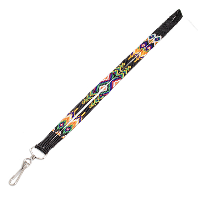 Beaded neck lanyard keychain holder, 'Handy and Sleek' - Handcrafted Beaded Neck Lanyard Keychain Holder in Black
