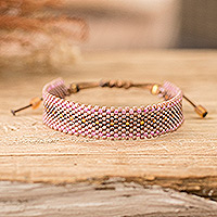 Beaded wristband bracelet, 'Chic Lilac' - Handmade Lilac and Brown Glass Beaded Wristband Bracelet