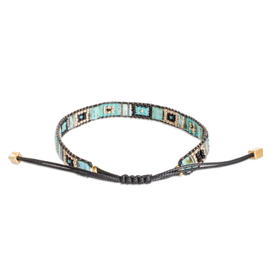 Beaded wristband bracelet, 'Geometric Grace' - Handmade Aqua and Black Glass Beaded Wristband Bracelet