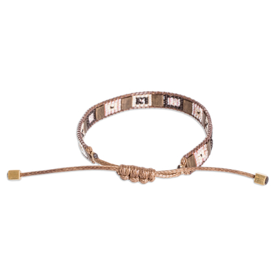 Beaded wristband bracelet, 'Geometric Brilliance' - Handmade Brown and Ivory Glass Beaded Wristband Bracelet