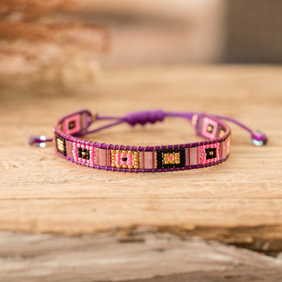 pulsera de pulsera con cuentas - Pulsera hecha a mano con cuentas de vidrio púrpura y rosa