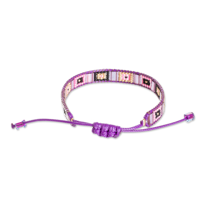 Beaded wristband bracelet, 'Geometric Delight' - Handmade Purple and Pink Glass Beaded Wristband Bracelet