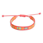 Beaded wristband bracelet, 'Geometric Vibrancy' - Handmade Orange and Aqua Glass Beaded Wristband Bracelet