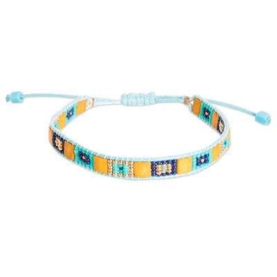 Beaded wristband bracelet, 'Geometric Harmony' - Handmade Light Blue Yellow Glass Beaded Wristband Bracelet