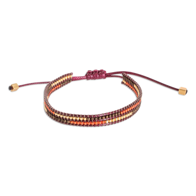 Beaded wristband bracelet, 'Charming Brown' - Handmade Glass Beaded Wristband Bracelet with Burgundy Cord