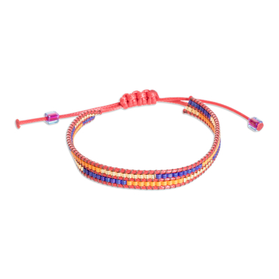 Beaded wristband bracelet, 'Charming Red' - Adjustable Red Glass Beaded Wristband Bracelet