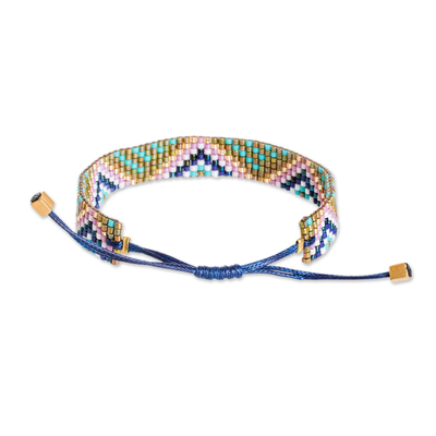 Beaded wristband bracelet, 'Enchanted Pyramids' - Handmade Geometric Colorful Glass Beaded Wristband Bracelet