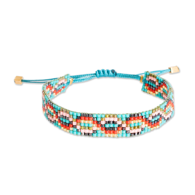 Beaded wristband bracelet, 'Lagoon Bonds' - Handmade Patterned Turquoise Glass Beaded Wristband Bracelet