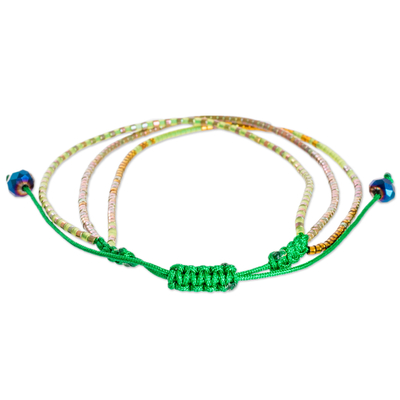 Beaded strand bracelet, 'Lucky Lives' - Handcrafted Green Glass Beaded Three-Strand Bracelet