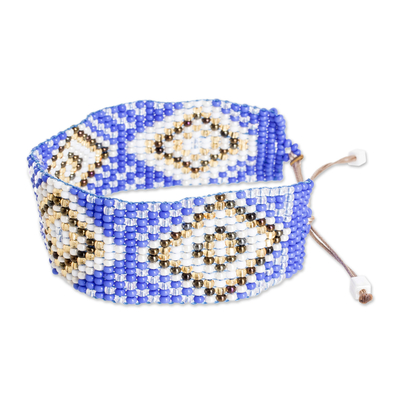Beaded wristband bracelet, 'Wizard Geometry' - Blue and Golden Geometric Glass Beaded Wristband Bracelet