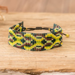 Beaded wristband bracelet, 'Fortune Geometry' - Green and Yellow Geometric Glass Beaded Wristband Bracelet