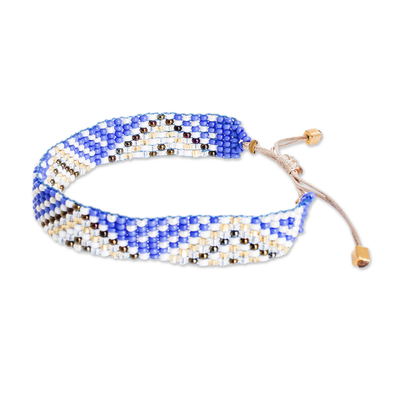Beaded wristband bracelet, 'Bright Atitlan' - Geometric Blue and Golden Glass Beaded Wristband Bracelet