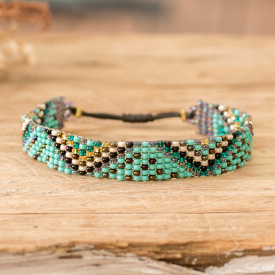 Beaded wristband bracelet, 'Serene Atitlan' - Turquoise and Golden Glass Beaded Wristband Bracelet