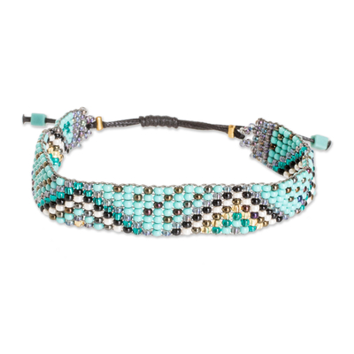 Beaded wristband bracelet, 'Serene Atitlan' - Turquoise and Golden Glass Beaded Wristband Bracelet