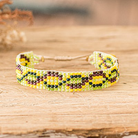 Beaded wristband bracelet, 'Exotic Atitlan' - Handmade Yellow and Green Glass Beaded Wristband Bracelet
