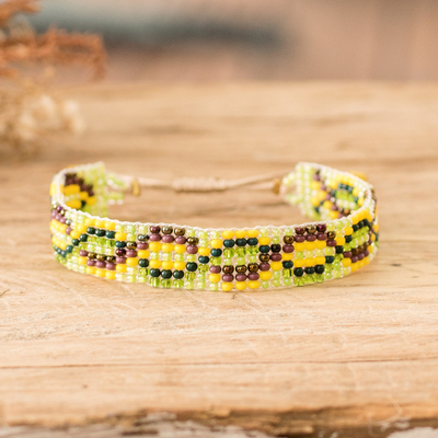 Beaded wristband bracelet, 'Exotic Atitlan' - Handmade Yellow and Green Glass Beaded Wristband Bracelet
