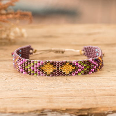 Geometric Purple and Golden Glass Beaded Wristband Bracelet, 'Majestic  Atitlan'