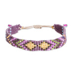 Beaded wristband bracelet, 'Majestic Atitlan' - Geometric Purple and Golden Glass Beaded Wristband Bracelet