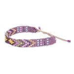 Beaded wristband bracelet, 'Majestic Atitlan' - Geometric Purple and Golden Glass Beaded Wristband Bracelet