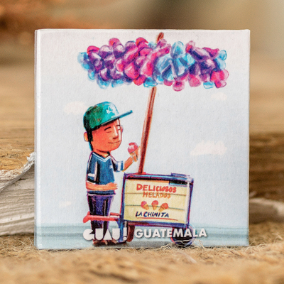 Imán de papel - Imán de papel con temática de cultural vendedor de helados de Guatemala