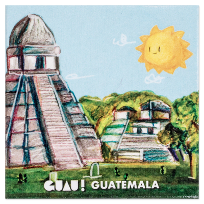 Imán de papel - Imán de papel tradicional con temática de Tikal de Guatemala