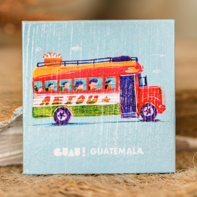 Paper magnet, 'Folk Memories' - Traditional Chicken Bus-Themed Paper Magnet from Guatemala