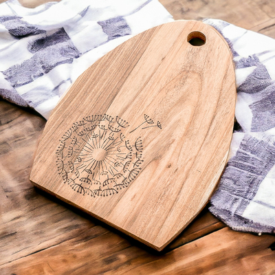 Wood cutting board, 'Dandelion's Treats' - Semi-Oval Laurel Wood Cutting Board with Dandelion Engraving