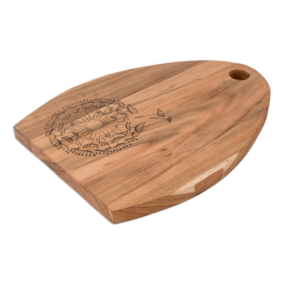 Wood cutting board, 'Dandelion's Treats' - Semi-Oval Laurel Wood Cutting Board with Dandelion Engraving