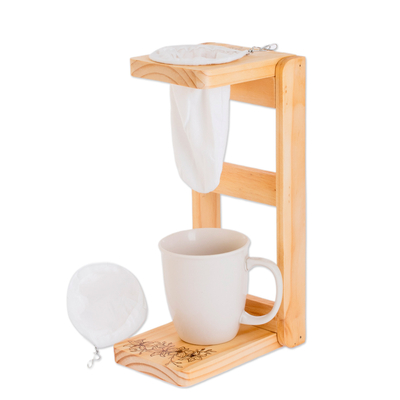 Wood single-serve drip coffee stand, 'Blooming Delights' - Handmade Floral Laurel Wood Single-Serve Drip Coffee Stand