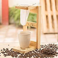 Wood single-serve drip coffee stand, 'Flying Delights' - Bird-Themed Laurel Wood Single-Serve Drip Coffee Stand