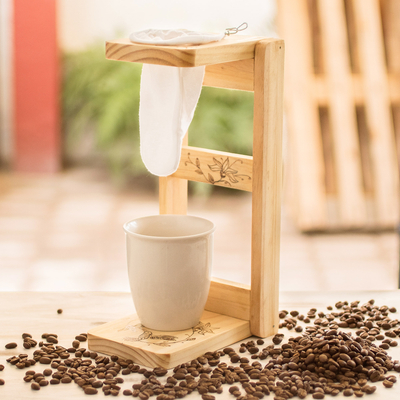 Puesto de café de goteo de una sola porción de madera - Soporte de café de goteo monodosis de madera de laurel con temática de pájaros