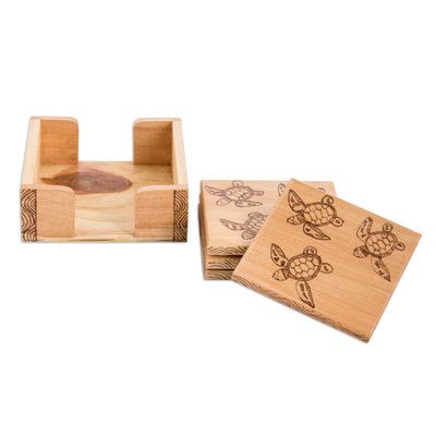 Wood coasters, 'Turtle's Drinks' (set of 4) - Set of 4 Turtle-Themed Laurel Wood Coasters with Storage Box