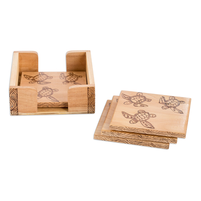 Wood coasters, 'Turtle's Drinks' (set of 4) - Set of 4 Turtle-Themed Laurel Wood Coasters with Storage Box
