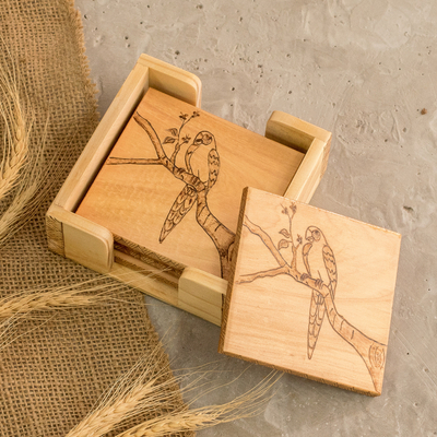 Posavasos de madera, (juego de 4) - Juego de 4 posavasos de madera de laurel con temática de guacamayo y caja de almacenamiento