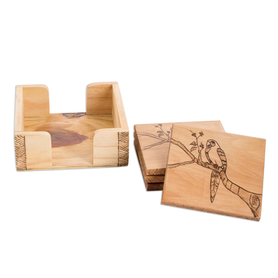 Holzuntersetzer, (4er-Set) - Set aus 4 Untersetzer aus Lorbeerholz mit Ara-Motiv und Aufbewahrungsbox